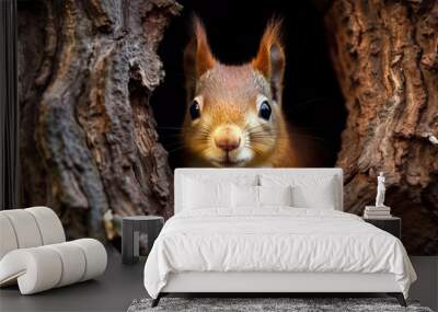 Squirrel hiding in a tree hole in the forest. Amazing wildlife. Generative Ai Wall mural