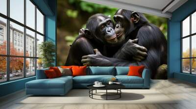 Tender scene of two bonobo chimpanzees kissing. Amazing African Wildlife. Generative Ai Wall mural