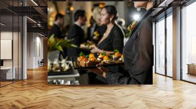  Professional Photography of Caterer Serving Appetizers, waitstaff presenting trays of hors d'oeuvres at a reception, Generative AI Wall mural