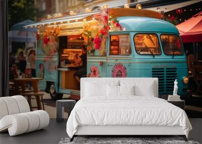  Vintage-style food truck with colorful signage and a bustling crowd, Generative AI Wall mural