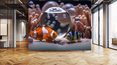 A small aquarium with two clownfish hiding in an anemone, Generative AI Wall mural