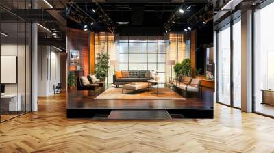 A talk show set adorned with sleek furniture and modern decor, where business leaders gather to exchange ideas and perspectives on economic issues and market trends, Generative AI Wall mural