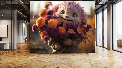 Cuddly Monster Holding A Bouquet Of Flowers, Generative AI Wall mural