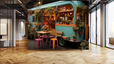 Food truck's vibrant and eclectic decor that reflects its unique culinary style, Generative AI Wall mural