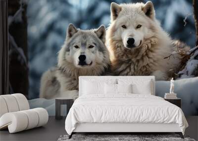 Pair of wolves in a snowy landscape, Generative AI Wall mural