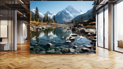 Pristine mountain lake surrounded by snow-capped peaks, Generative AI Wall mural