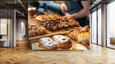 Professional Photography of patissier packaging freshly baked pastries in a bakery display, ready for customers to enjoy, Generative AI Wall mural