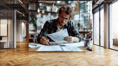 Startup founder drafting a business plan on a notepad, surrounded by inspirational quotes and sketches, capturing the entrepreneurial spirit and creativity in paperwork, Generative AI Wall mural