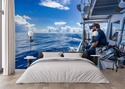 Team of marine biologists conducting research aboard a research vessel in the open ocean, studying marine life and ocean currents under a vast blue sky, Generative AI Wall mural