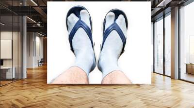 The hairy man legs with socks and flip flops on the feet. Symbol for bad taste or fashion style.  Wall mural