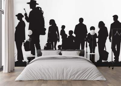 silhouette of refugees in black on a white background Wall mural