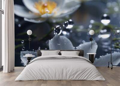 two white flowers floating on top of a body of water with water droplets Wall mural