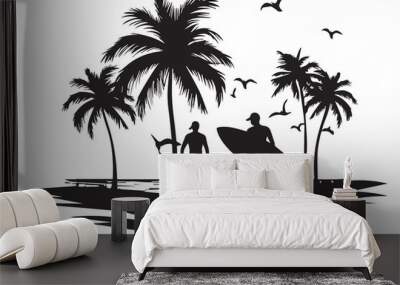 Vector silhouette of surfers on palm beach on white background. Symbol of nature and sport Wall mural