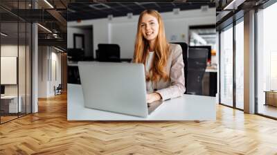 Business young woman sitting at table with laptop in office Wall mural