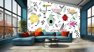 Set animals fruit characters Doodle vector illustration hand drawn Wall mural