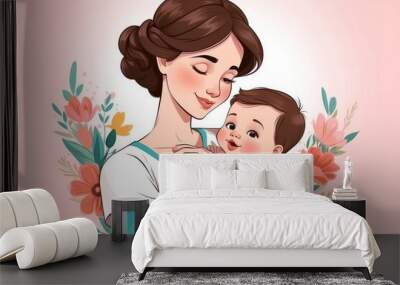 Illustration of mother holding baby son in arms. happy mothers day greeting card, mother day Wall mural