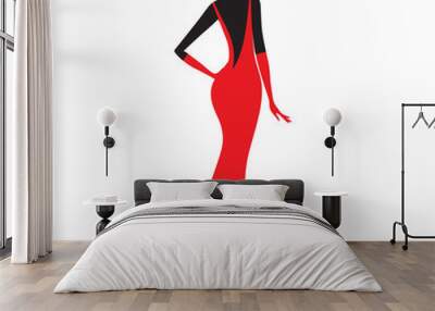 Fashion model. Silhouette of beautiful woman in red dress vector illustration. Wall mural