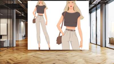 Vector fashion illustration of a beautiful young blonde woman in a summer outfit. Fashion model posing, isolated on white background. Wall mural