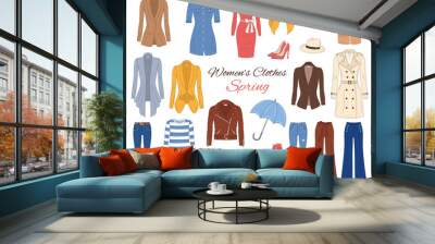 Women clothes collection. Spring outfit. Vector illustration. Wall mural