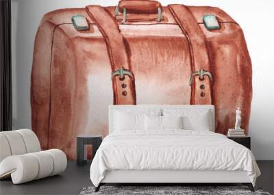 Watercolor image of old brown leather suitcase Wall mural