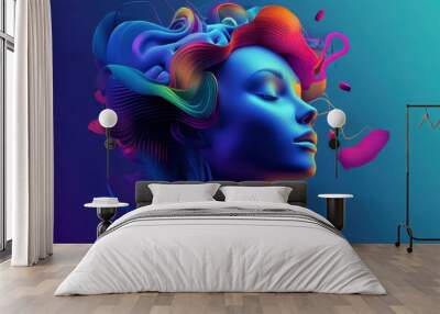 Abstract portrait of a woman with vibrant colorful hair and flowing shapes on a gradient background, blending blue, purple, and pink hues Artistic representation of creativity Wall mural