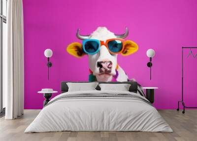 animal face head character funny sunglasses portrait colourful cute cow. Generative AI. Wall mural