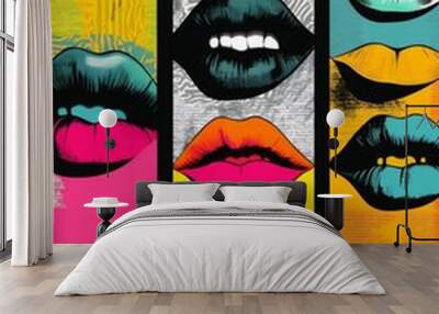 art woman mouth lips lipstick abstract illustration kiss female poster style. Generative AI. Wall mural