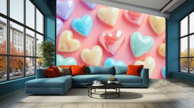 Assorted colorful heart shaped candies on pink background, top view, flat lay concept Wall mural