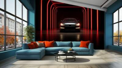 automobile modern red dark auto transportation led car luxury neon. Generative AI. Wall mural