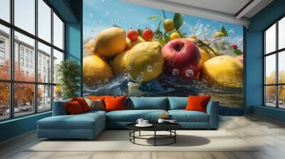 background strawberry healthy vitamin fruit water drop food green fresh diet. Generative AI. Wall mural