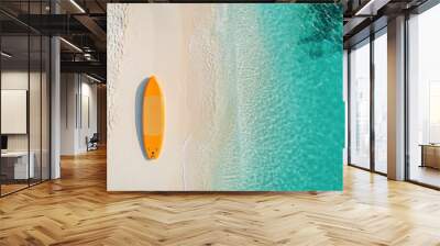 Beach, ocean, surfboard, relaxation, tropical paradise, sunlight, sandy shore, turquoise water A vibrant orange surfboard rests on a pristine sandy beach under bright sunlight Wall mural