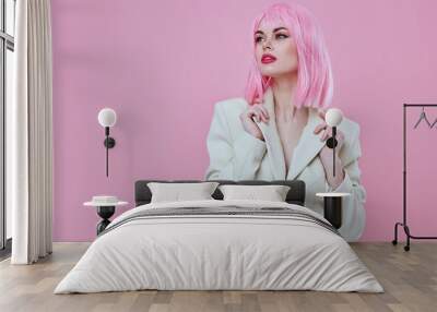 Beauty Fashion woman modern style pink hair Red lips fashion pink background unaltered Wall mural