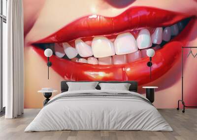 care women white beauty lips close mouth face red smile toothy. Generative AI. Wall mural