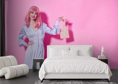 Cheerful woman pink hair charming smile model Wall mural