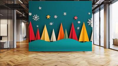 Christmas decor, festive trees, colorful design, paper art, winter season, holiday background A delightful arrangement of vibrant paper Christmas trees on a teal backdrop Wall mural