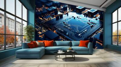 Circuit hardware digital tech science board blue communication technology processor electronic computing motherboard Wall mural