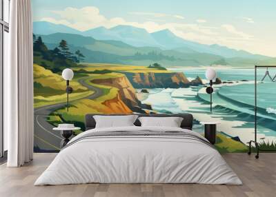 Coastal Serenity: A Majestic Landscape of Blue Sea and Rocky Shoreline, Captivating Nature's Beauty and Tranquility with Pacific Ocean View. Wall mural