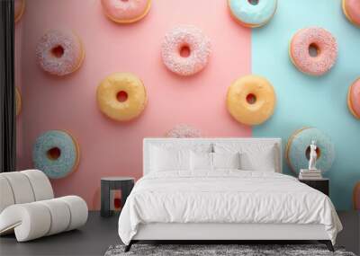 Colorful donuts on pink and blue background, flat lay, top view for bakery and dessert concepts Wall mural