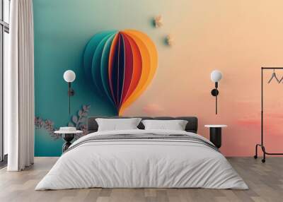 Colorful Hot Air Balloon Soaring Through the Clouds with Graceful Butterflies in the Sky Journey Fashionably Wall mural