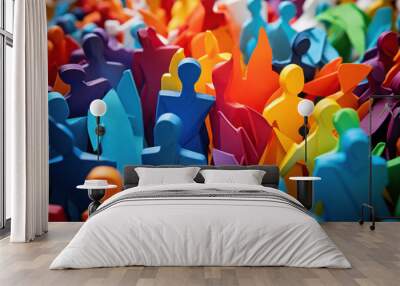 Connecting the Colors of Equality: A Vibrant Union of Teamwork and Friendship in a Diverse Corporate Community, Set Against a Colorful Silhouette Symbolizing Social Collaboration and Success Wall mural