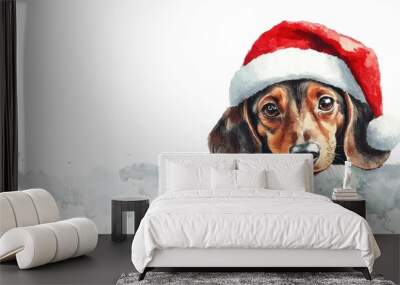 Cute dachshund wearing a Santa hat looking over a white snowy surface A festive holiday theme with soft watercolors and splashes brings warmth and joy to any Christmas setting Wall mural