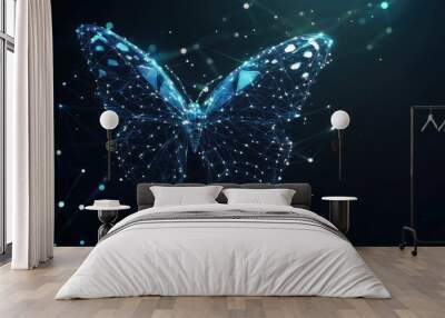 Digital butterfly, glowing, abstract art, technology concept, blue hues, creative design, futuristic background with light spots and lines, representing transformation and beauty Wall mural