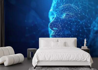 digital face, technology, abstract, blue tones, artificial intelligence, futuristic, network, connected lines, wireframe concept, glowing elements, modern design, profile view Wall mural