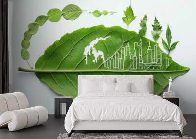 Environmental concept of sustainability and urban development designed with green leaves and cityscape elements on a white background, showcasing nature versus industry Wall mural