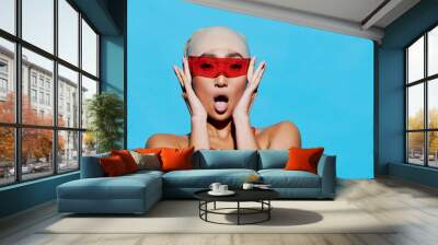 Fashion woman sunglasses cute asian smiling beauty red portrait emotion style blue Wall mural