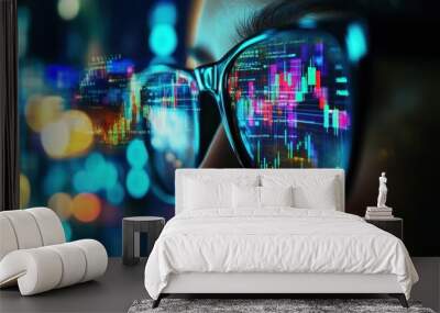 financial analysis, data visualization, modern technology, glasses reflection, city lights, digital interface, business concept, close up shot, vibrant colors, futuristic design Wall mural