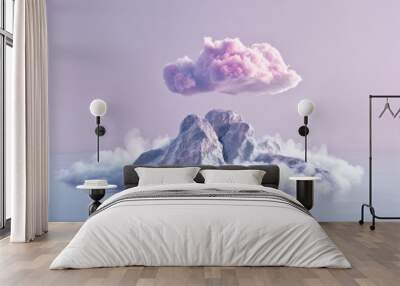 Floating island adventure magical sky travel with pink cloud reflection in water landscape beauty view Wall mural