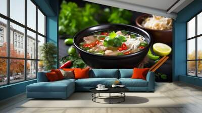 food vegetable bowl pho background ga japanese asian noodle soup hot meal. Generative AI. Wall mural