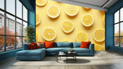 Freshly sliced lemons arranged on a vibrant yellow background, flat lay, top view concept for summer refreshment and healthy lifestyle Wall mural