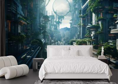 Futuristic cityscape city future skyscraper building blue technology modern tower urban architecture Wall mural